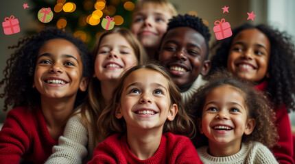 Fototapeta premium A cheerful group of children, all wearing cozy sweaters, gather together, beaming with joy as they celebrate the holiday season in a warm indoor environment