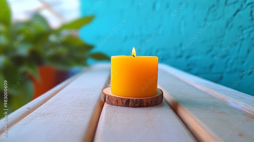Aufkleber rustic candle on wooden shelf with natural light creating cozy atmosphere and copy space