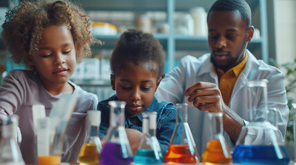 Multiracial Kids Conduct Chemistry Experiments in Science Lab - Educational Learning Environment and STEM Activities. Generative ai