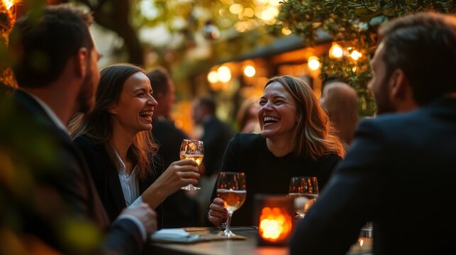 A group of colleagues shares laughter and clinks their glasses at an outdoor terrace bar, enjoying a pleasant evening filled with conversation and camaraderie