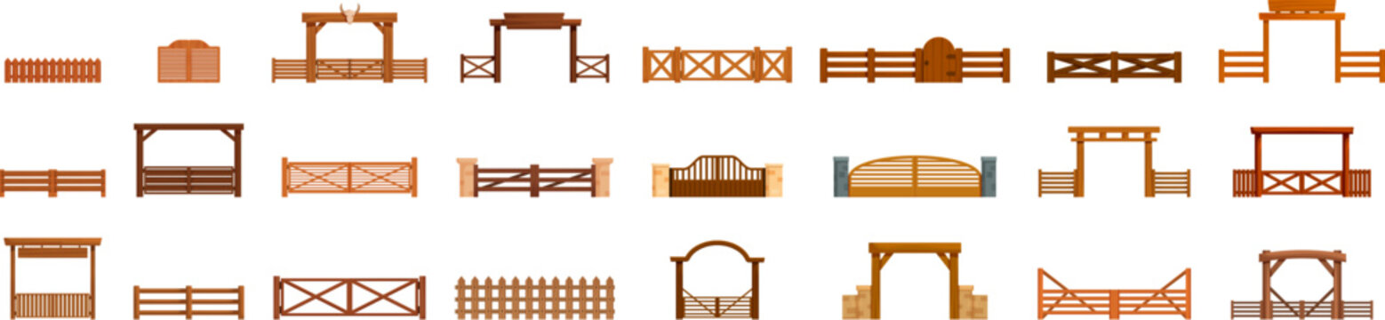 Ranch gate icons set. Set of different fences for ranch or farm presenting wooden barriers for rural areas in various design