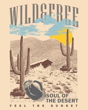 Arizona vintage desert print artwork, western vibes t-shirt design, grunge texture mountain print. summer clothing print look like cow boy, cow girl retro art Arizona desert vibes t-shirt