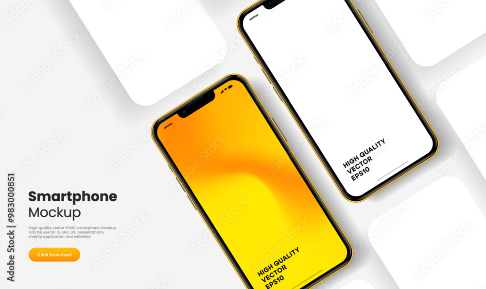 Poster Realistic smartphone mockup. Mobile phone vector with isolated on white background. Device front view. 3D mobile phone with shadow. Realistic, high quality smart phone mockup for ui ux presentation.