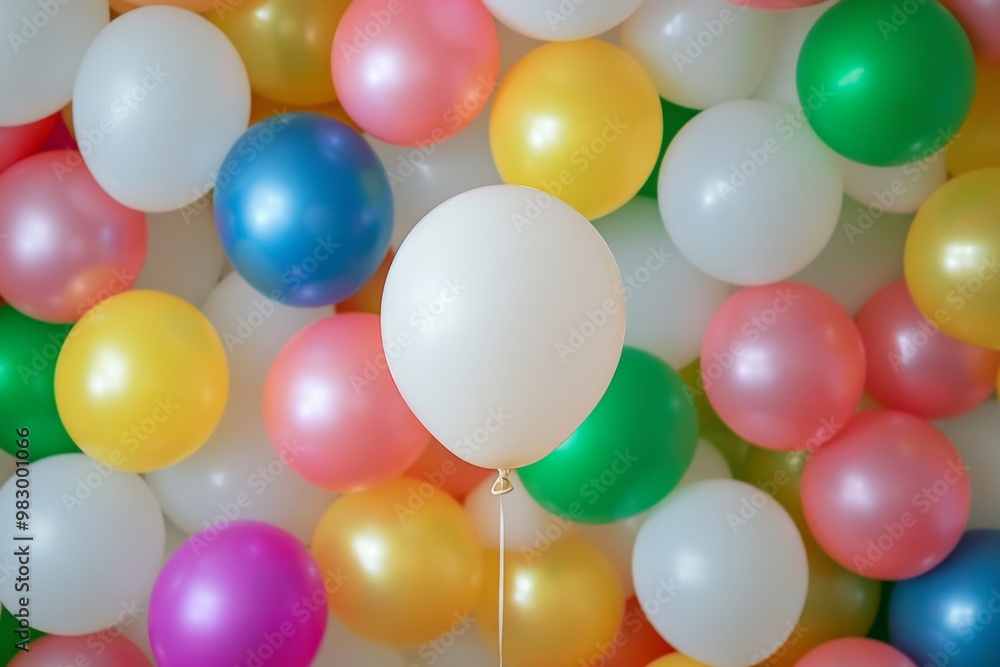 Poster central white balloon amidst dynamic multicolored reflective balloons on matte background
