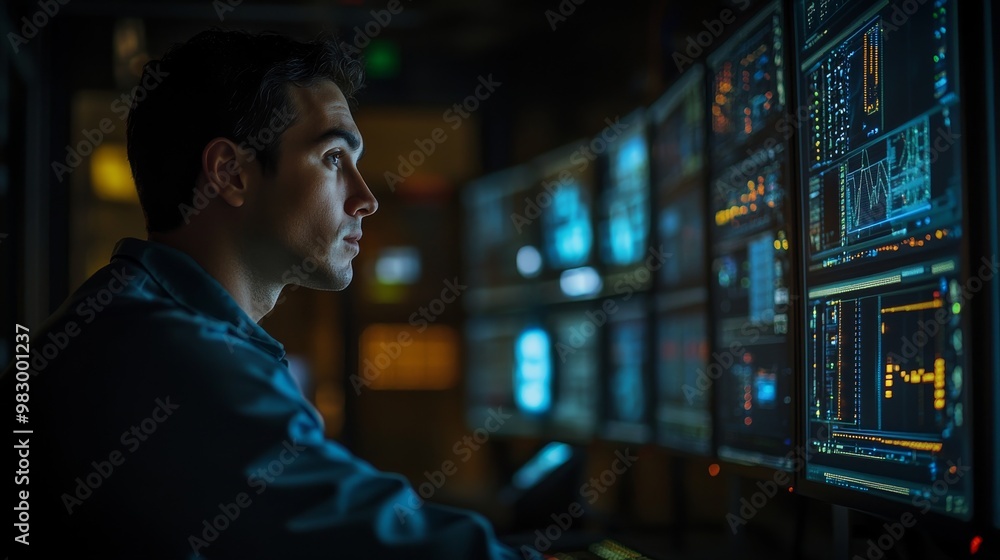 Poster in a dimly lit server room, a technician focuses on multiple screens showing network activity and se