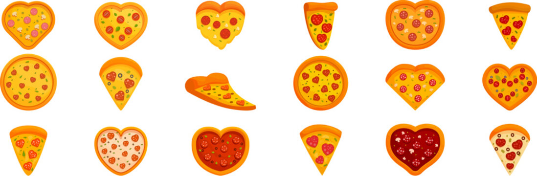 Pizza heart icons set. Collection of delicious pizzas with various toppings forming heart shapes, showcasing a passion for italian cuisine