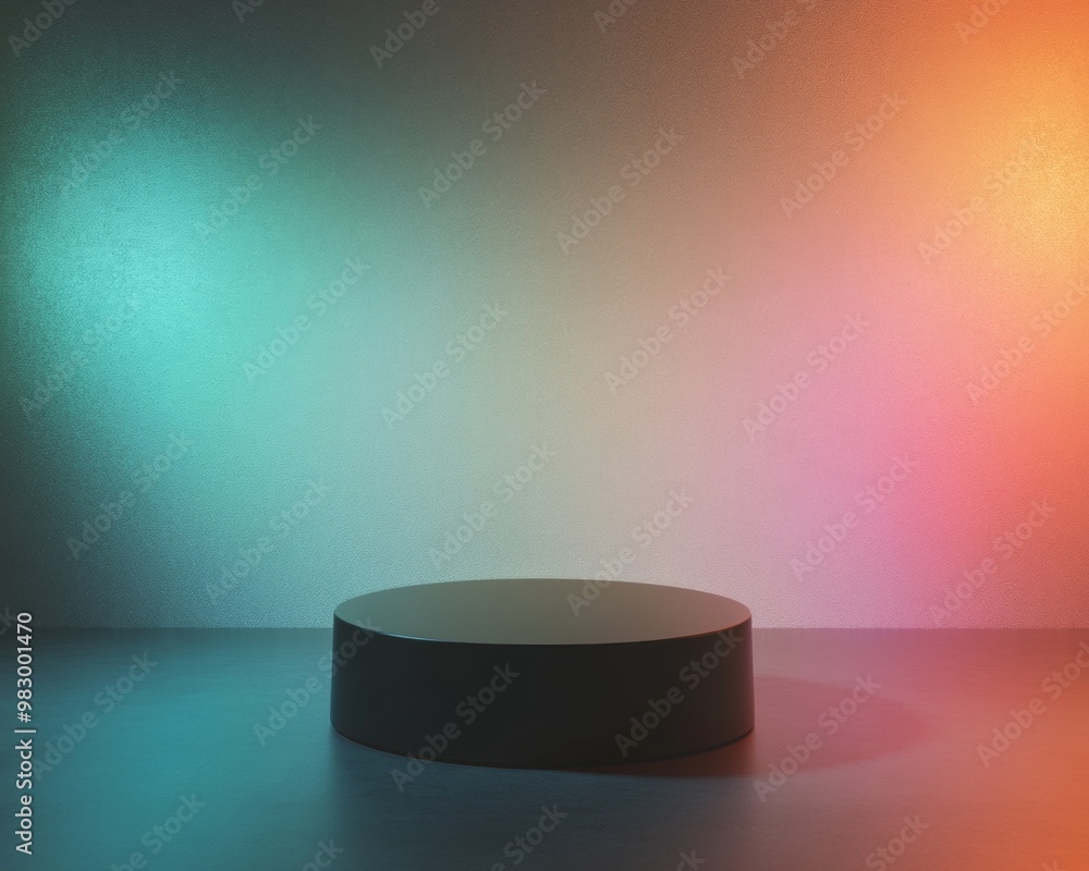 Poster glossy black podium on reflective surface with iridescent light spots and colorful dynamic lighting 