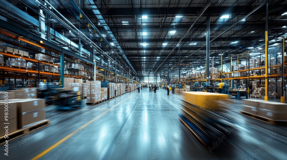 Poster a busy warehouse floor showcases technicians efficiently moving between workstations where automated
