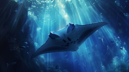 Majestic shark silhouetted in the mysterious depths of the ocean surrounded by swirling blue light