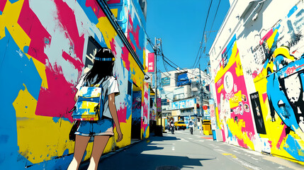Anime Girl Walking Down Graffiti-Covered Street Illustration