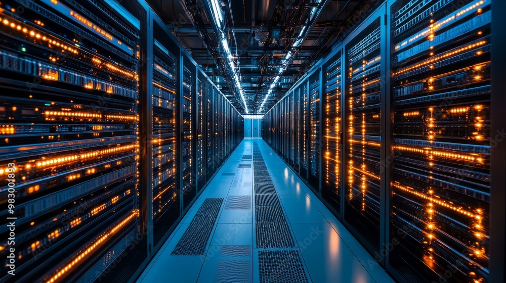 Poster the interior of a data center is captured, featuring numerous server racks in symmetrical rows, with