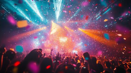 A lively concert atmosphere captured with bright multicolored lights flashing above as confetti showers down, energizing the crowd and enhancing the festive mood