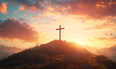 A cross on the hill with a sunset sky background, an Easter concept