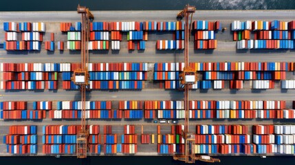 Obraz premium Aerial view of a bustling port filled with colorfully stacked shipping containers, depicting global trade and the complexity of modern logistics.