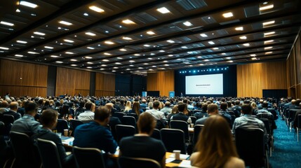 Attendees are seated throughout a large conference hall, actively participating in discussions and networking at various booths and tables during a corporate event
