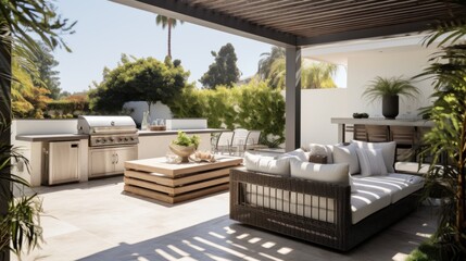 Chic outdoor lounge area with elegant patio furniture and a sleek grill, set in a sun-drenched garden, exuding relaxation and style.