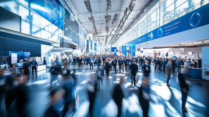 Attendees fill wide halls of a large technology conference, engaging with exhibitors and exploring innovative displays in a vibrant atmosphere
