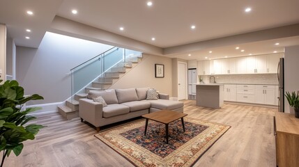 This inviting basement showcases a cozy sectional sofa, light wooden floors, and an open-plan kitchenette, perfect for relaxation and entertaining