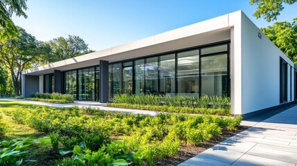 This sleek dental clinic features a modern architectural design with expansive glass windows surrounded by lush greenery, creating an inviting atmosphere