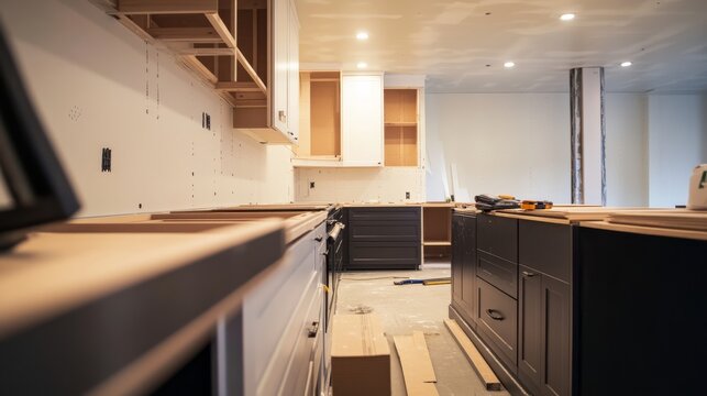 Workers are installing sleek cabinets in a modern kitchen renovation. Various tools and materials are spread across the floor, indicating ongoing activity