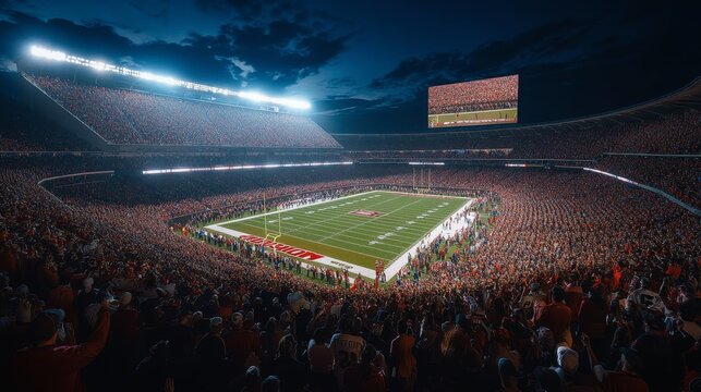 The crowd roars with excitement as dedicated college football fans fill the stadium, their cheers echoing through the night during a live game
