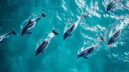 Obraz premium A pod of dolphins swims joyfully through crystal-clear turquoise waters, exhibiting playful behavior while basking in the radiant sunlight
