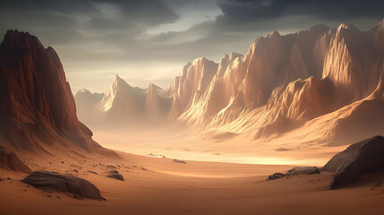 Fototapeta premium A vast desert landscape unfolds with towering rock formations under a dramatic sky.