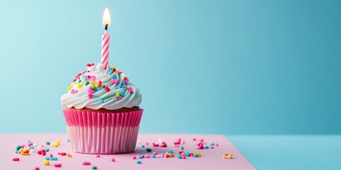 A cupcake with a lit candle on top of it