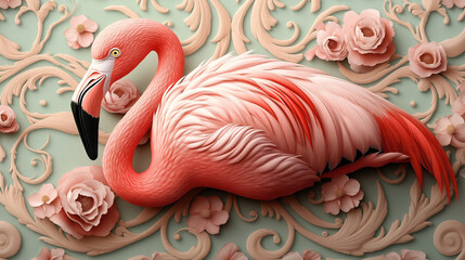 Digital artwork of a vibrant pink flamingo surrounded by detailed floral patterns in pastel colors. The background features intricate swirls and roses, enhancing the elegant composition.
