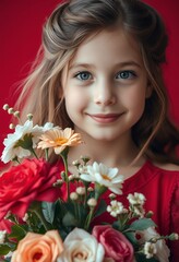 Naklejka premium Portrait of a Young Girl Holding a Bouquet of Flowers