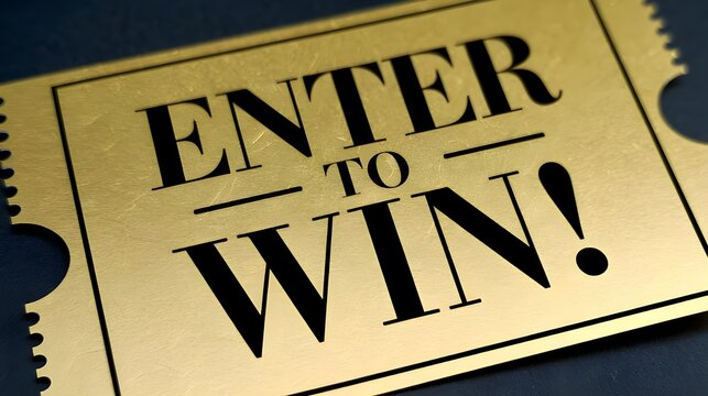 A golden raffle ticket with the phrase "enter to WIN!" written in large, bold letters. The background is dark.