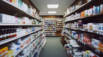 Fototapeta premium The interior of a pharmacy showcases neatly stacked shelves filled with various prescription drugs, emphasizing organization and adherence to healthcare regulations