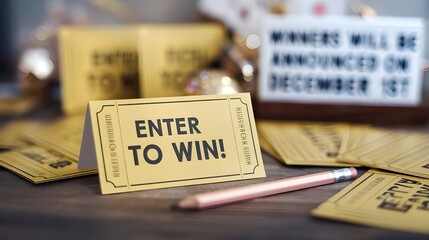 A golden raffle ticket with the text "enter to WIN!". The ticket is placed on a wooden surface. There is a pencil next to the ticket. The background is blurred and contains other raffle tickets.