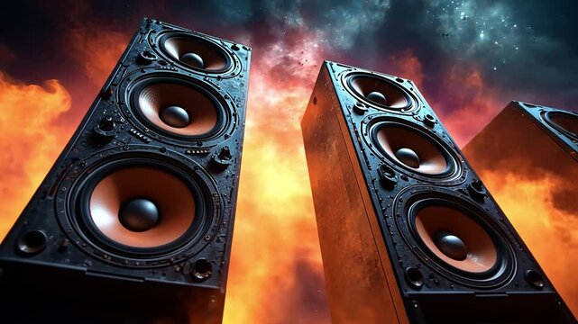 Powerful speakers emitting vibrations amidst fiery background at a music festival at dusk