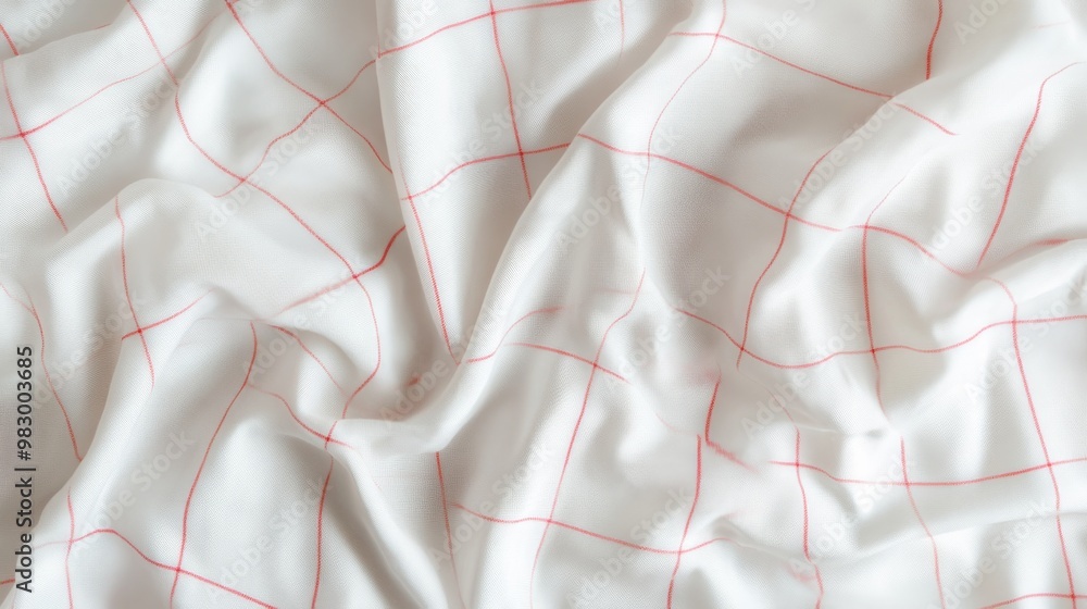 Poster a closeup topdown view showcases a clean white fabric featuring a plaid pattern, where thin red line