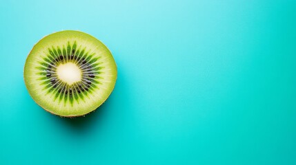 A single slice of kiwi is showcased against a pastel blue background, emphasizing its vibrant green hue and intricate pattern. This closeup captures the fruit’s natural beauty