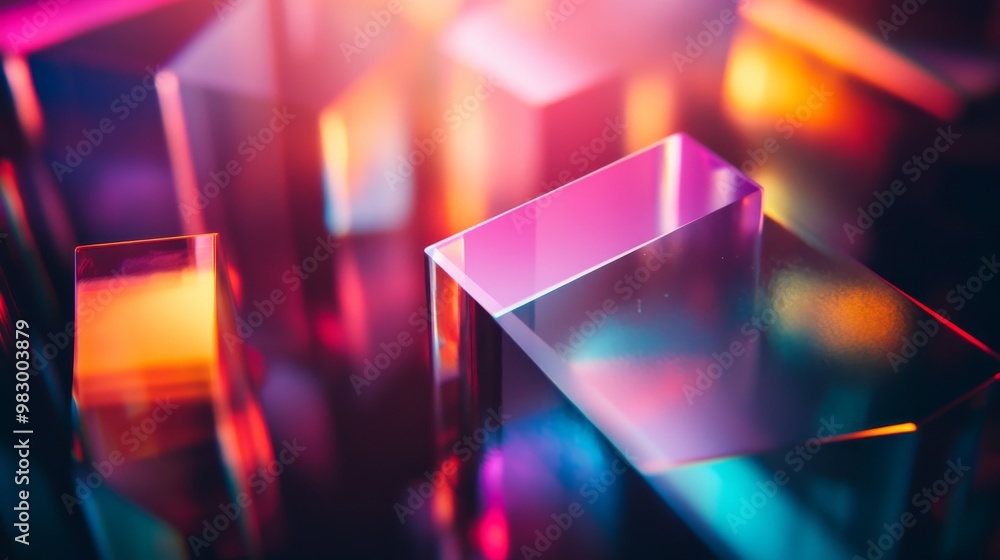 Poster light is refracted through a prism, casting colorful geometric patterns on a black surface. the inte