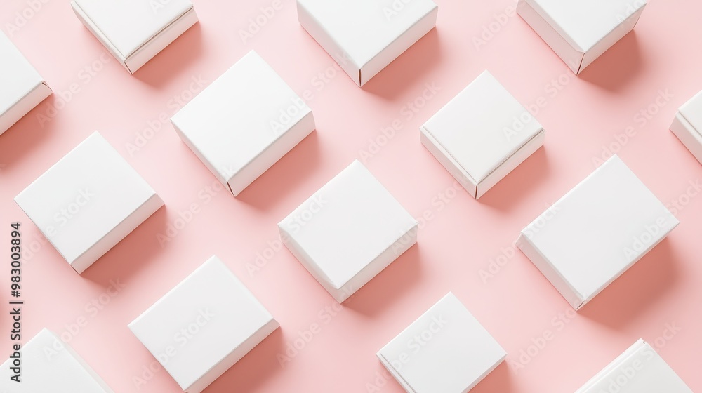 Poster multiple white gift boxes of different sizes are neatly arranged against a solid pastel background, 