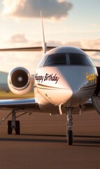 Fototapeta premium Elegant Sunset Birthday Celebration on a Private Jet with Golden Decor