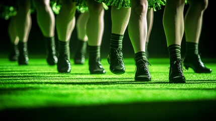 Irish dancers perform energetically, showcasing their swift footwork against a vivid green background. Their feet dance in unison, reflecting tradition and artistry
