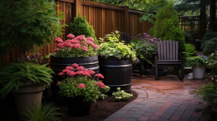 Fototapeta premium A cozy garden corner featuring colorful flowers in barrels surrounded by lush green foliage, creating a serene and inviting atmosphere.