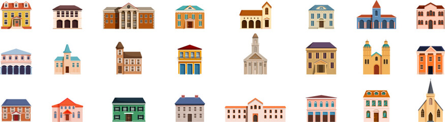 Colonial style building icons set. This set of colorful buildings is perfect for illustrating concepts such as architecture, urbanism, tourism and real estate