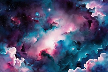 Vibrant Watercolor Nebula Background with Colorful Cosmic Clouds