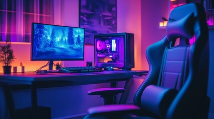 The gaming room features sleek modern equipment, highlighted by a high-tech computer setup illuminated with vibrant neon colors, creating an immersive atmosphere