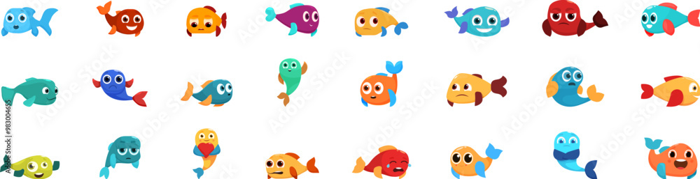 Poster fish character emotions icons set. this vector illustration set features a collection of adorable ca