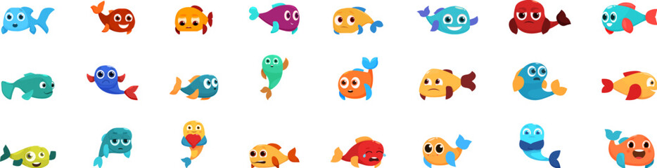 Fish character emotions icons set. This vector illustration set features a collection of adorable cartoon fish with a wide range of emotions, perfect for adding a touch of personality and fun to any
