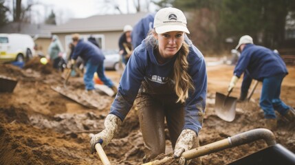 Volunteers in a construction site tirelessly work on building a new home, highlighting teamwork, dedication, and community spirit.