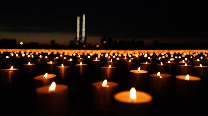 Flickering candles illuminate the ground, forming a poignant silhouette of the Twin Towers as darkness envelops the surrounding area