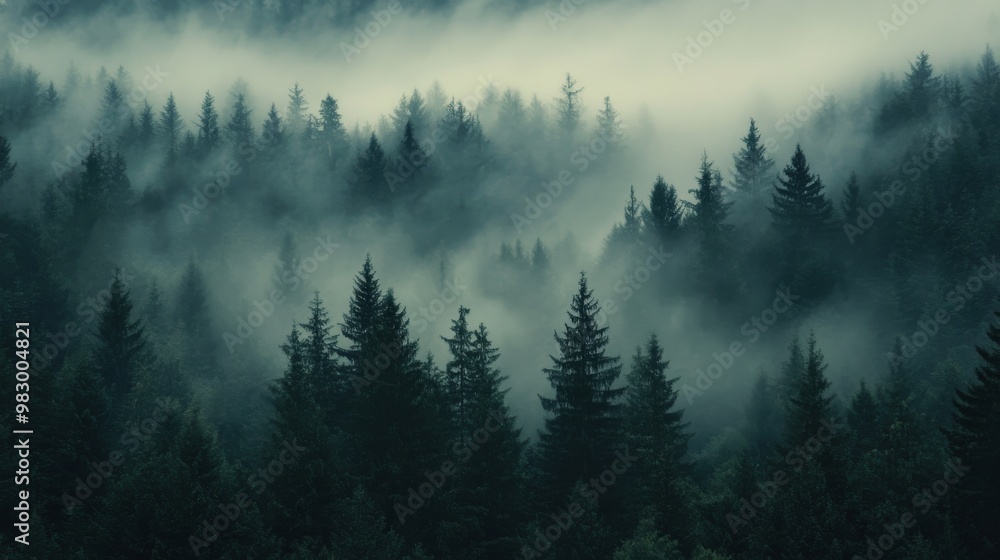 Poster a tranquil forest filled with tall evergreen trees disappearing into the mist creates an enchanting 