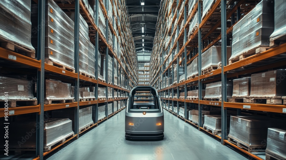 Poster an automated guided vehicle smoothly travels between the tall stacks of boxes in a contemporary logi